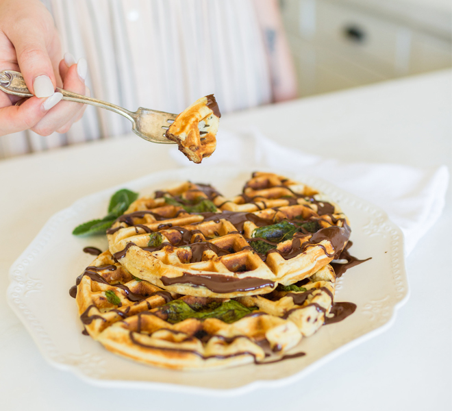 Recipe Box Mint Chip Belgian Waffles with Chocolate Drizzle Lauren