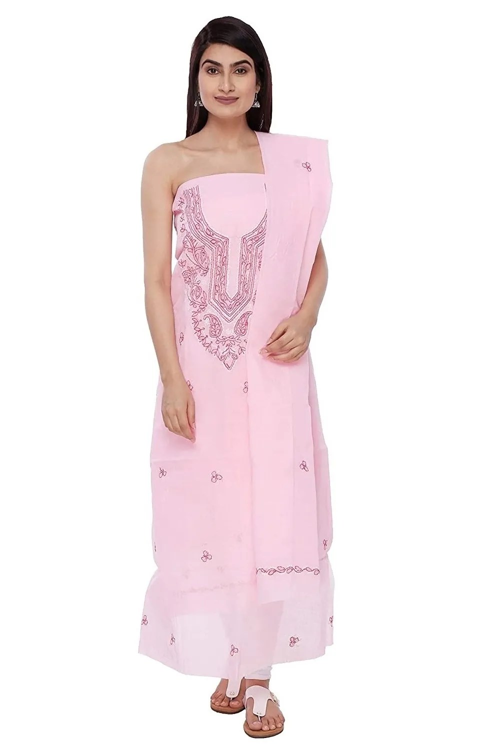 Lavangi Lucknow Chikan Baby Pink Unstitched Dress Material Lavangi