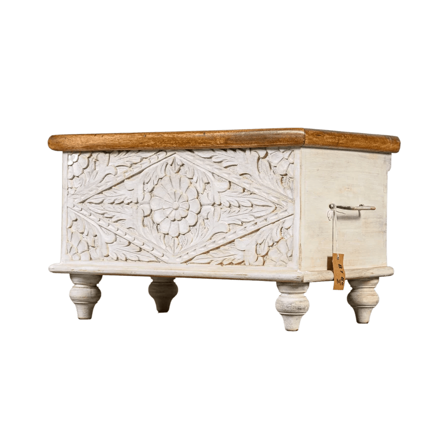 Solid wood chest decorated with lotus and sunflower flowers from India
