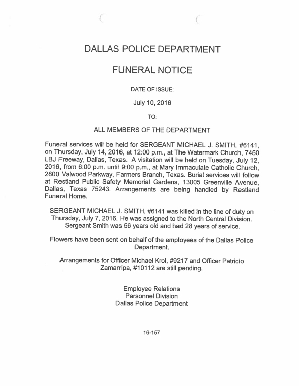 Dallas Police Department Funeral Notices Law Officer