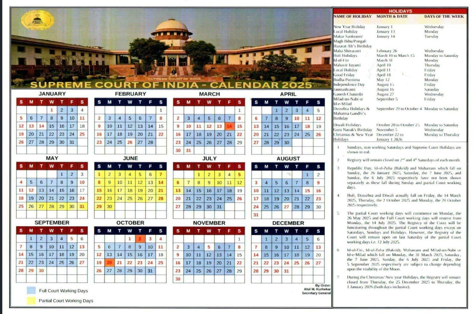 Supreme Court of India Calendar 2025 Key Details and Observances Law Trend