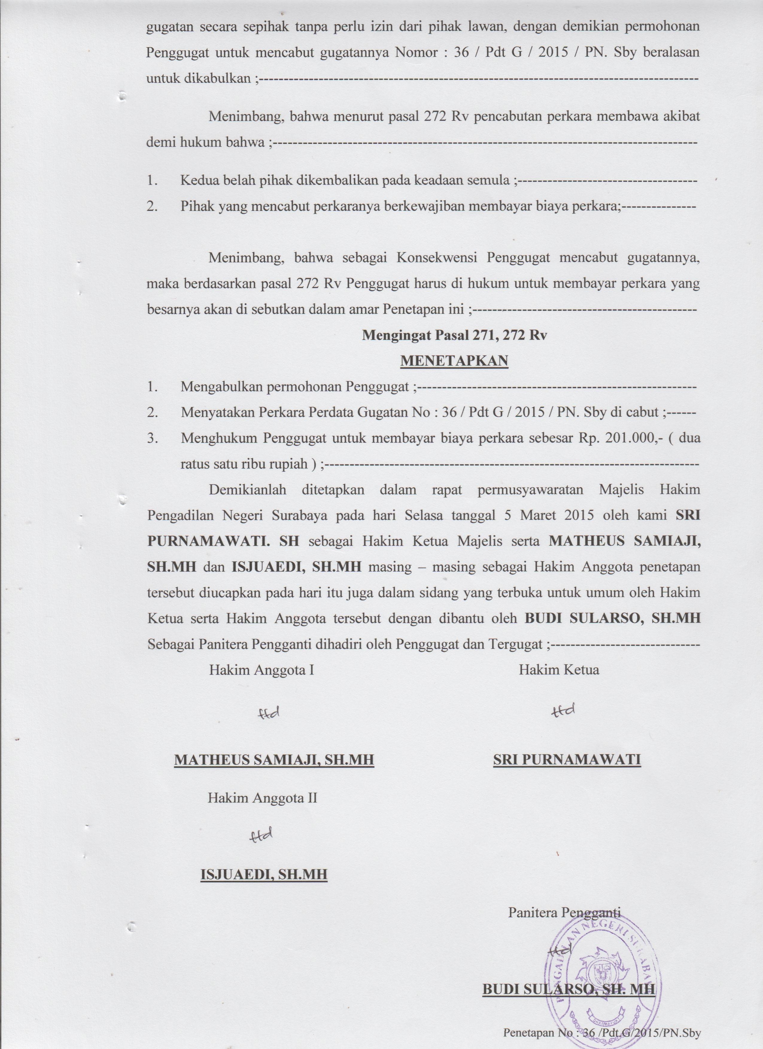 Salinan Putusan Pengadilan Negeri Surabaya | Hendro Kusumo & Partners