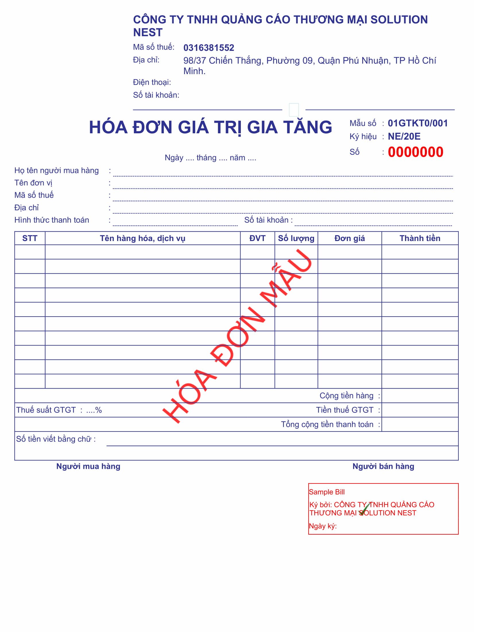 MẪU HÓA ĐƠN ĐIỆN TỬ VINA
