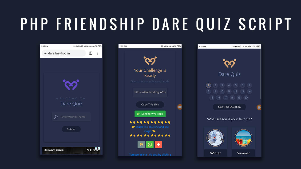 PHP Friendship Dare Quiz script Dare 2019 PHP script LazyFrog