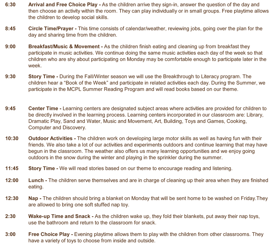 PreKindergarten Class Schedule Liberty Christian Church Early