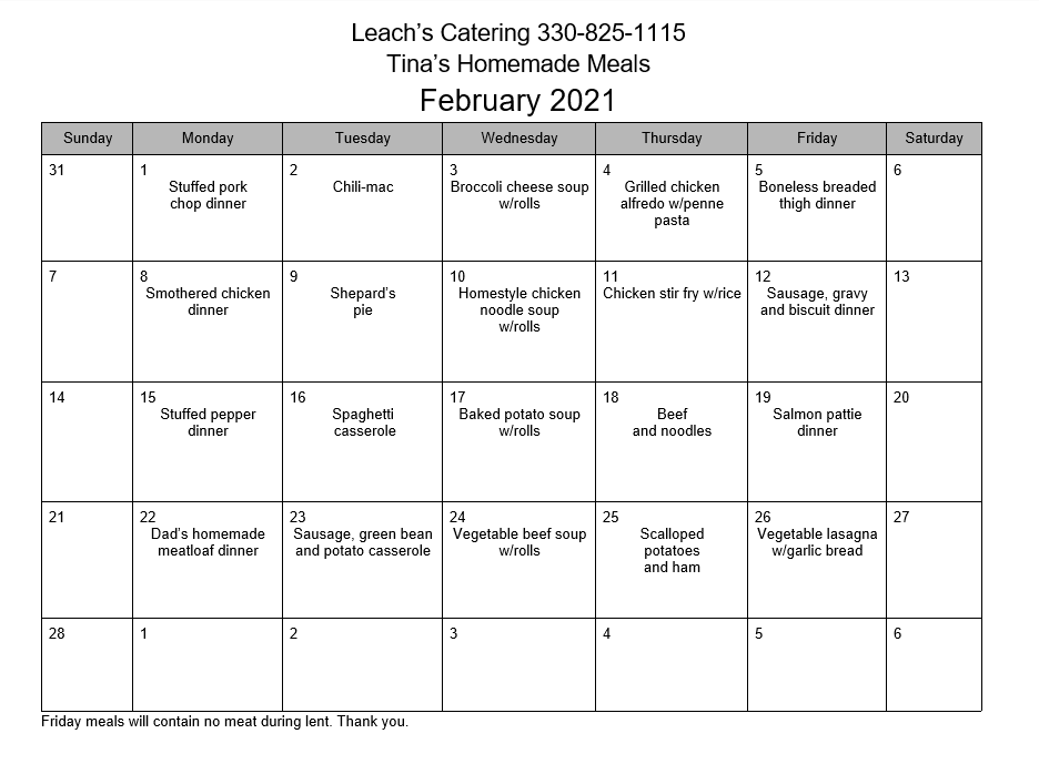 Carry Out Menu Leach's Meats and Sweets Meat, Bakery, and Catering