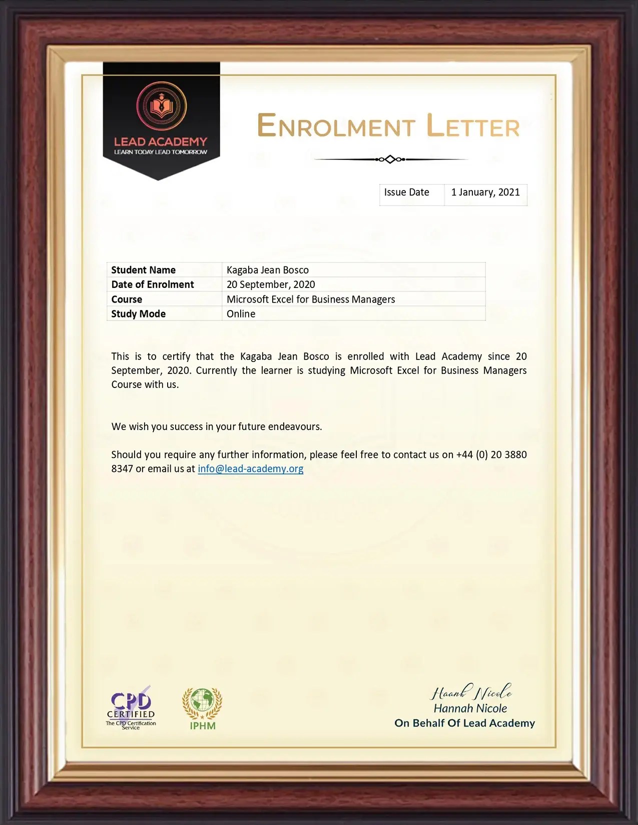 Order Certificate Lead Academy