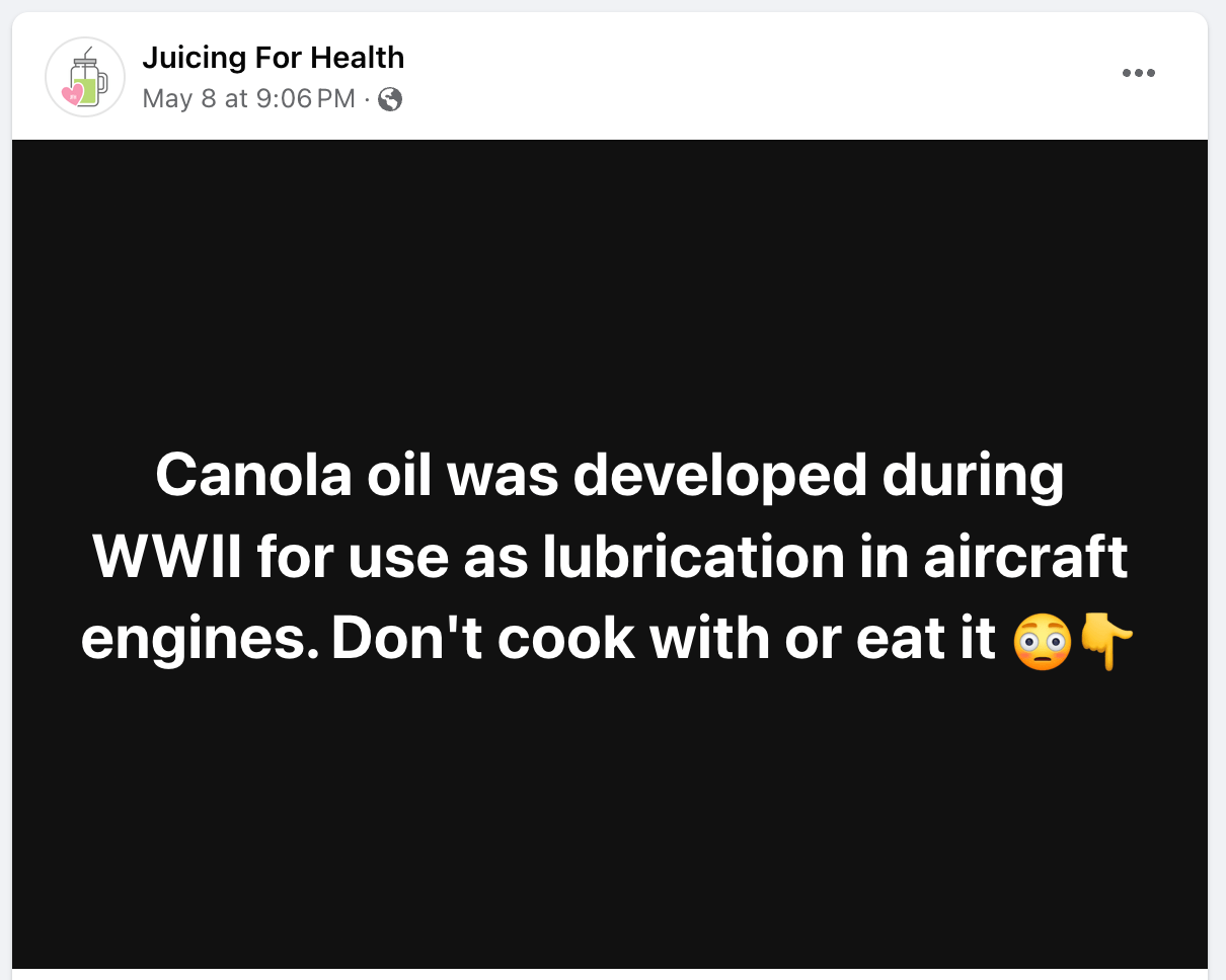 Fact Check Canola Oil Was NOT First Developed As Engine Lubricant
