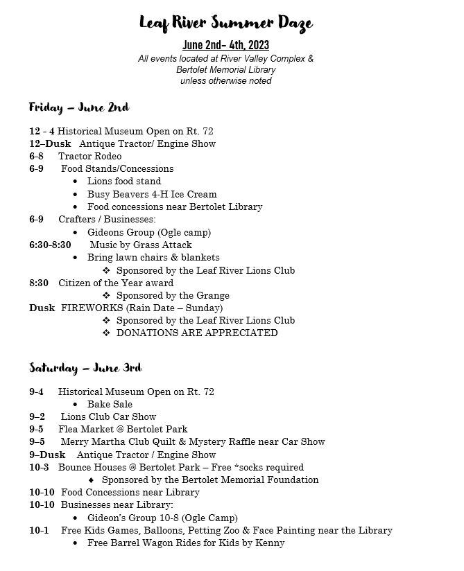 Schedule of Events Leaf River Summer Daze Festival 2024
