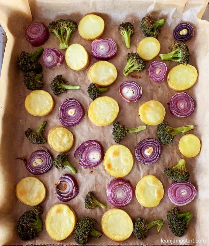 Best oven roasted broccoli recipe with potatoes and red onions