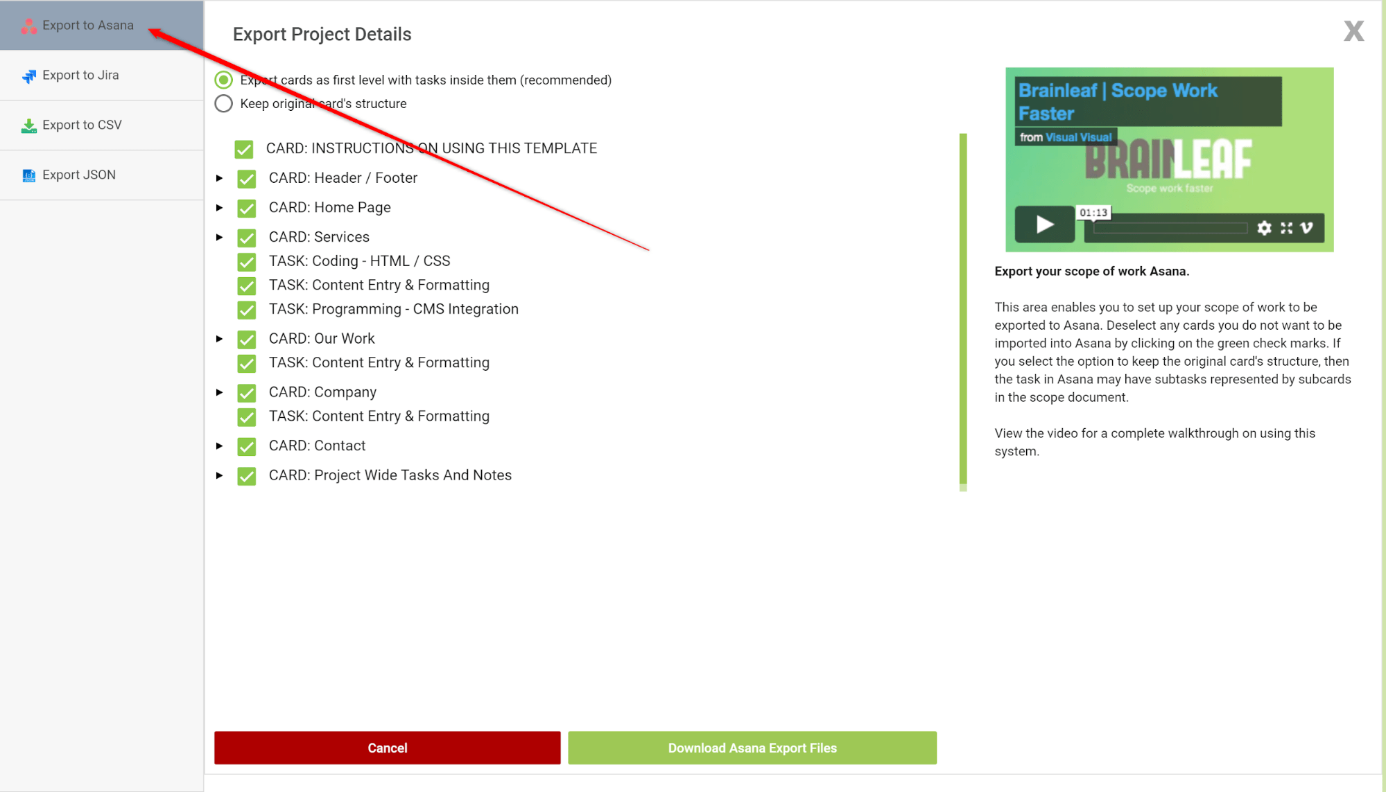 Exporting To Asana BrainLeaf Knowledge BaseBrainLeaf Knowledge Base