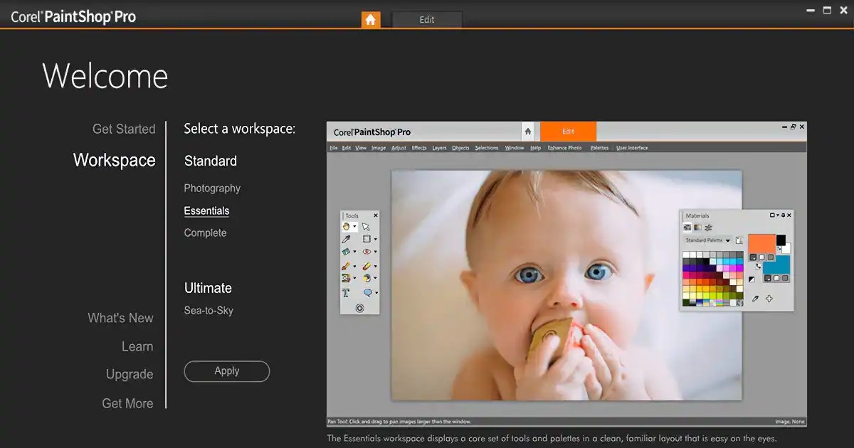 The Essentials workspace in Pro Corel Discovery Center