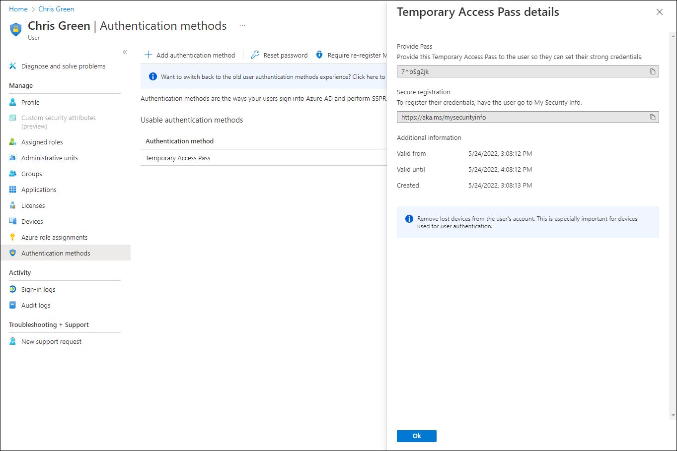 Configure a Temporary Access Pass in Microsoft Entra ID to register