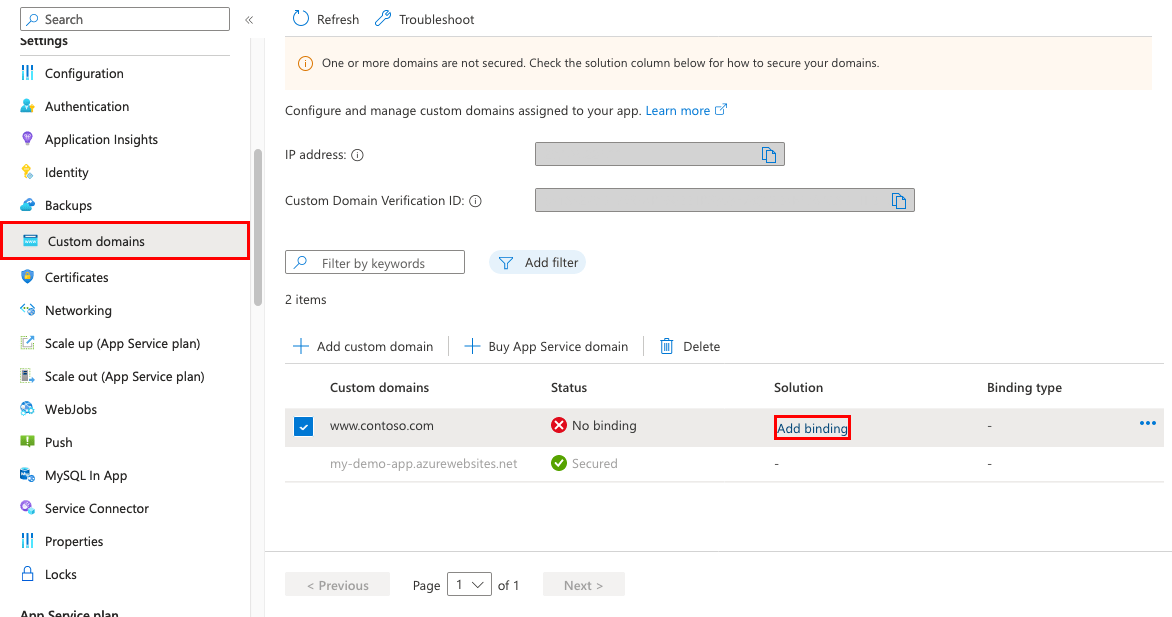 Secure a custom DNS with a TLS/SSL binding - Azure App Service