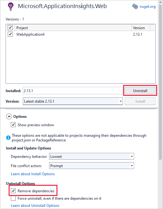 Remove Application Insights in Visual Studio Azure Monitor