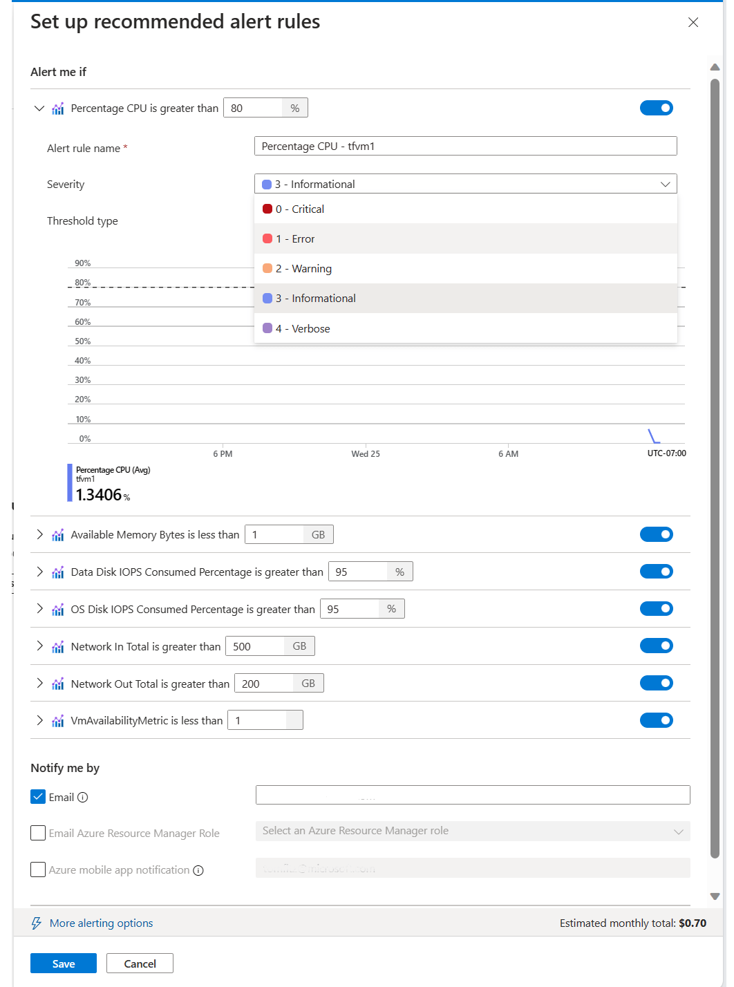 Enable alert rules for Azure virtual machine Azure