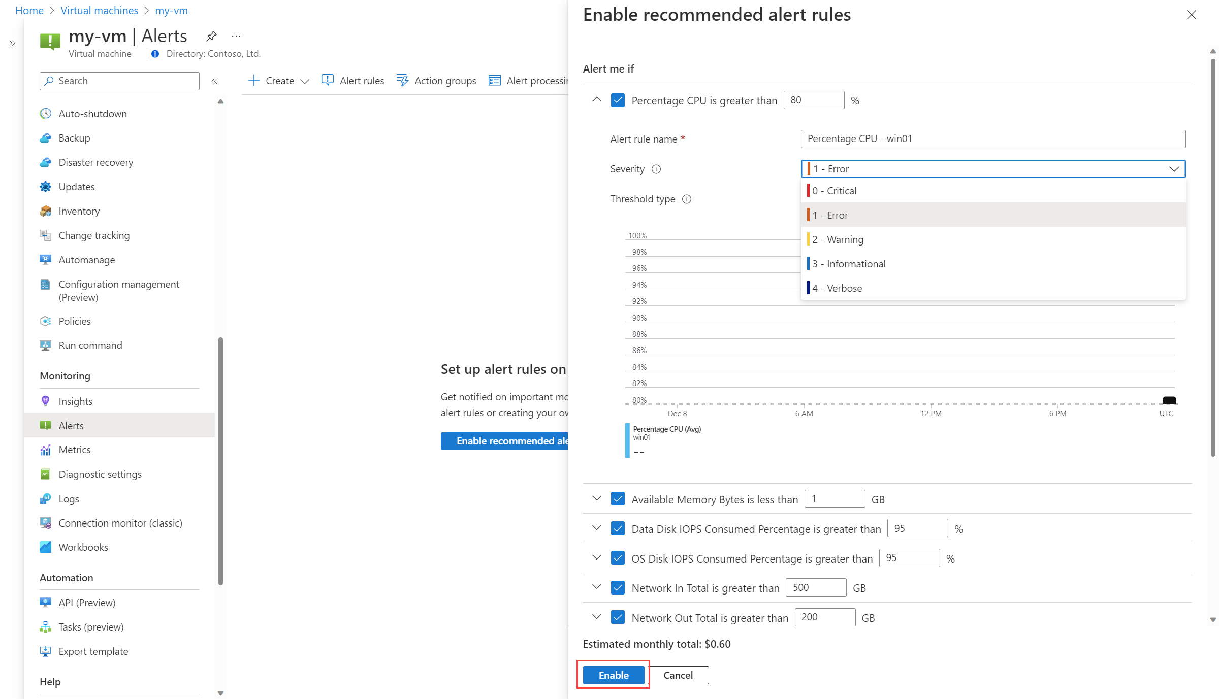 Enable alert rules for Azure virtual machine Azure