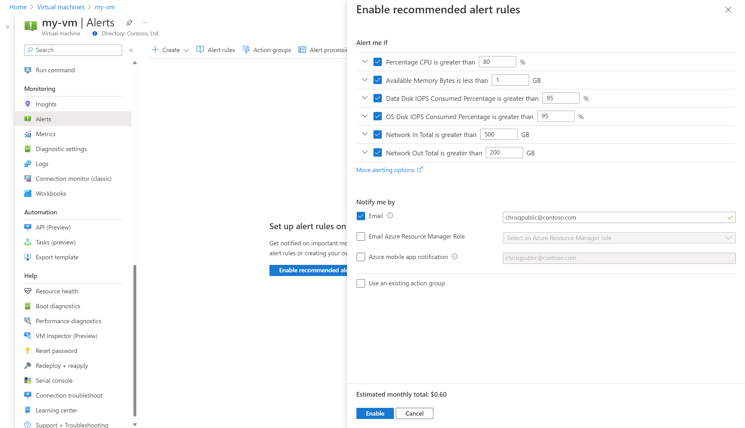 Enable alert rules for Azure virtual machine Azure