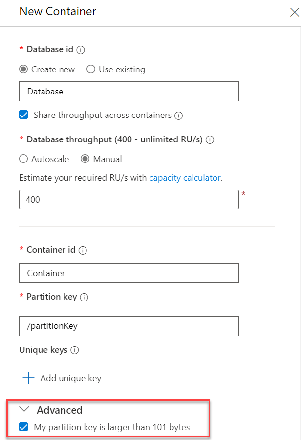 Create Azure Cosmos DB containers with large partition key Microsoft