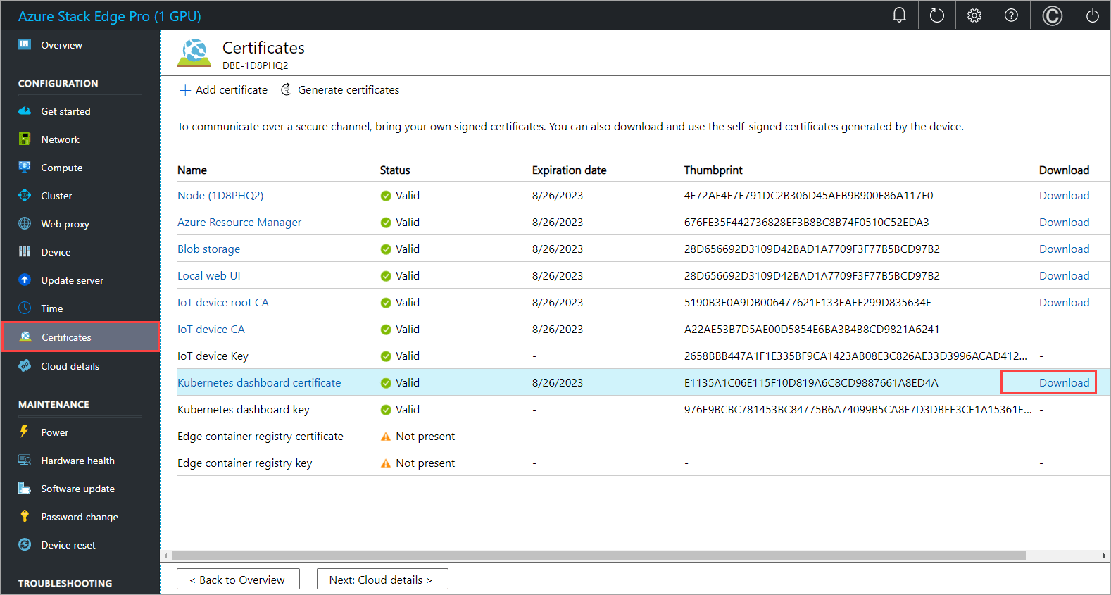 Monitor your Azure Stack Edge Pro device via dashboard