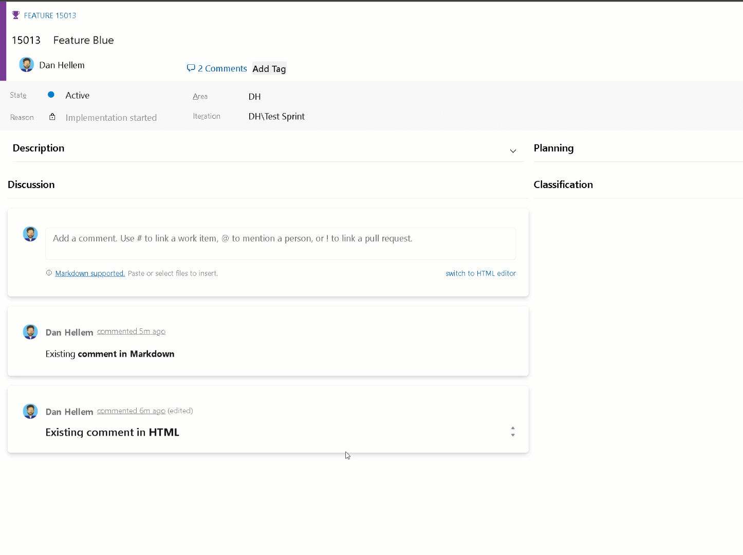 Switch between HTML and Markdown editor in Azure Boards comments