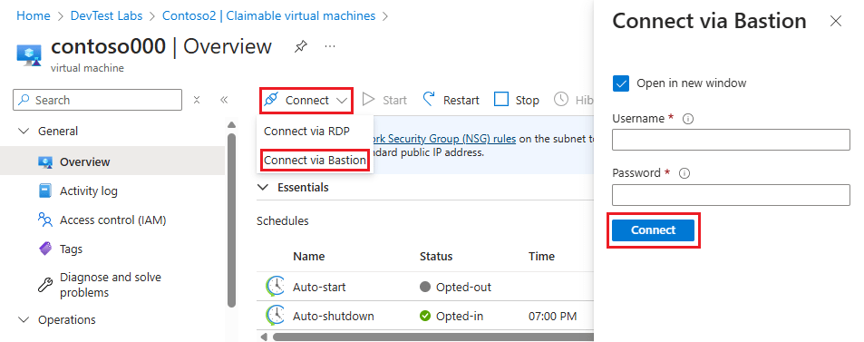 Connect to lab virtual machines through Browser connect Azure DevTest