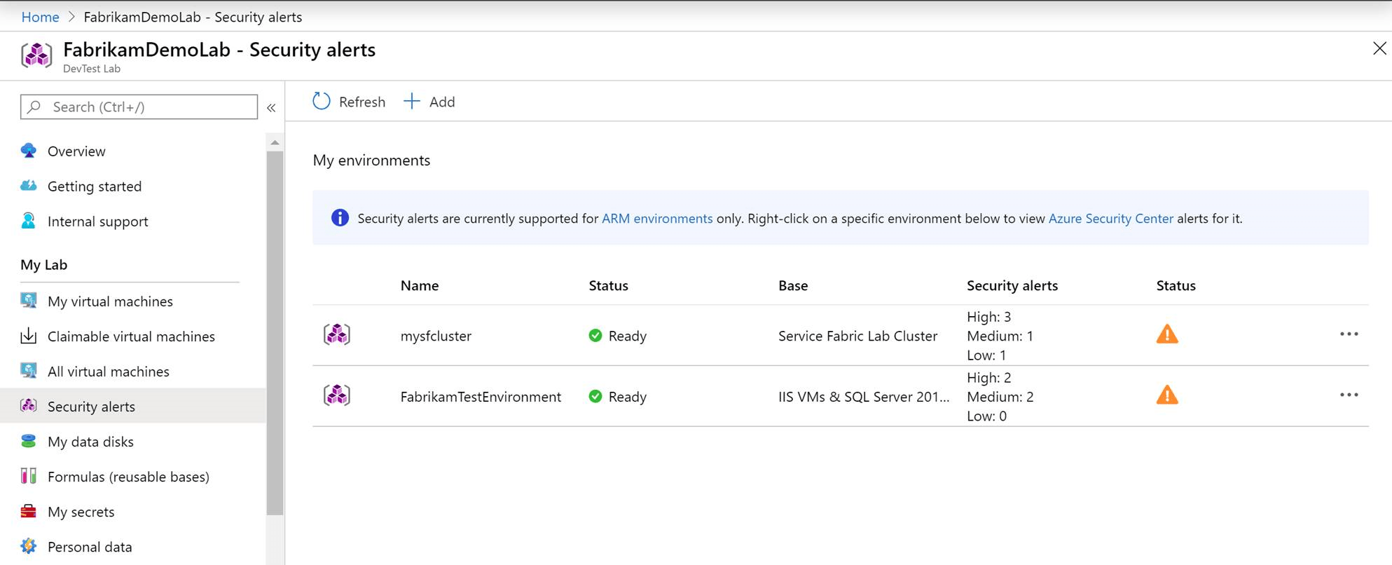 Security alerts for environments Azure DevTest Labs Microsoft Learn