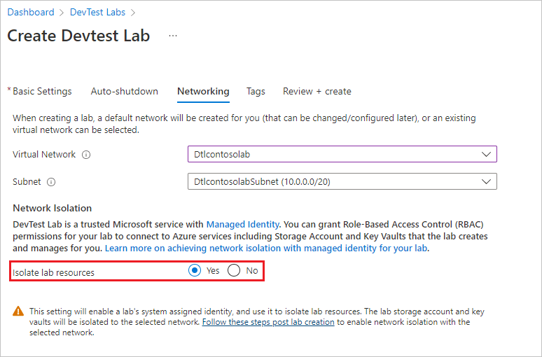 Network isolation Azure DevTest Labs Microsoft Learn