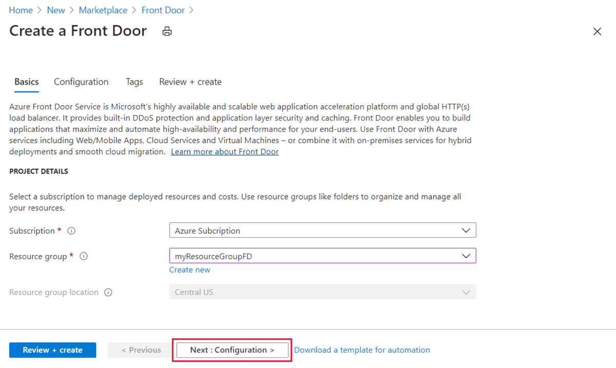 Create a Front Door with HTTP to HTTPS redirection using the Azure