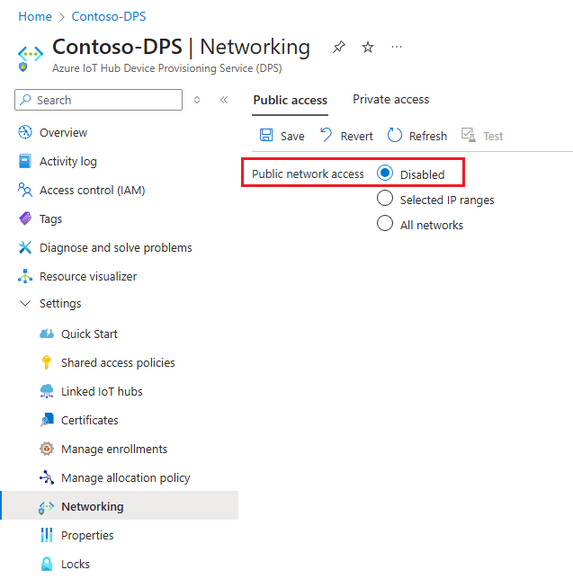 Manage public network access for DPS Azure IoT Hub Device