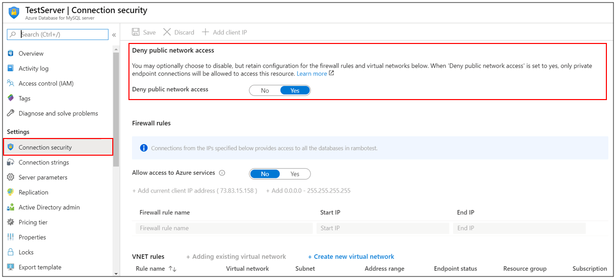 Deny Public Network Access Azure portal Azure Database for MySQL