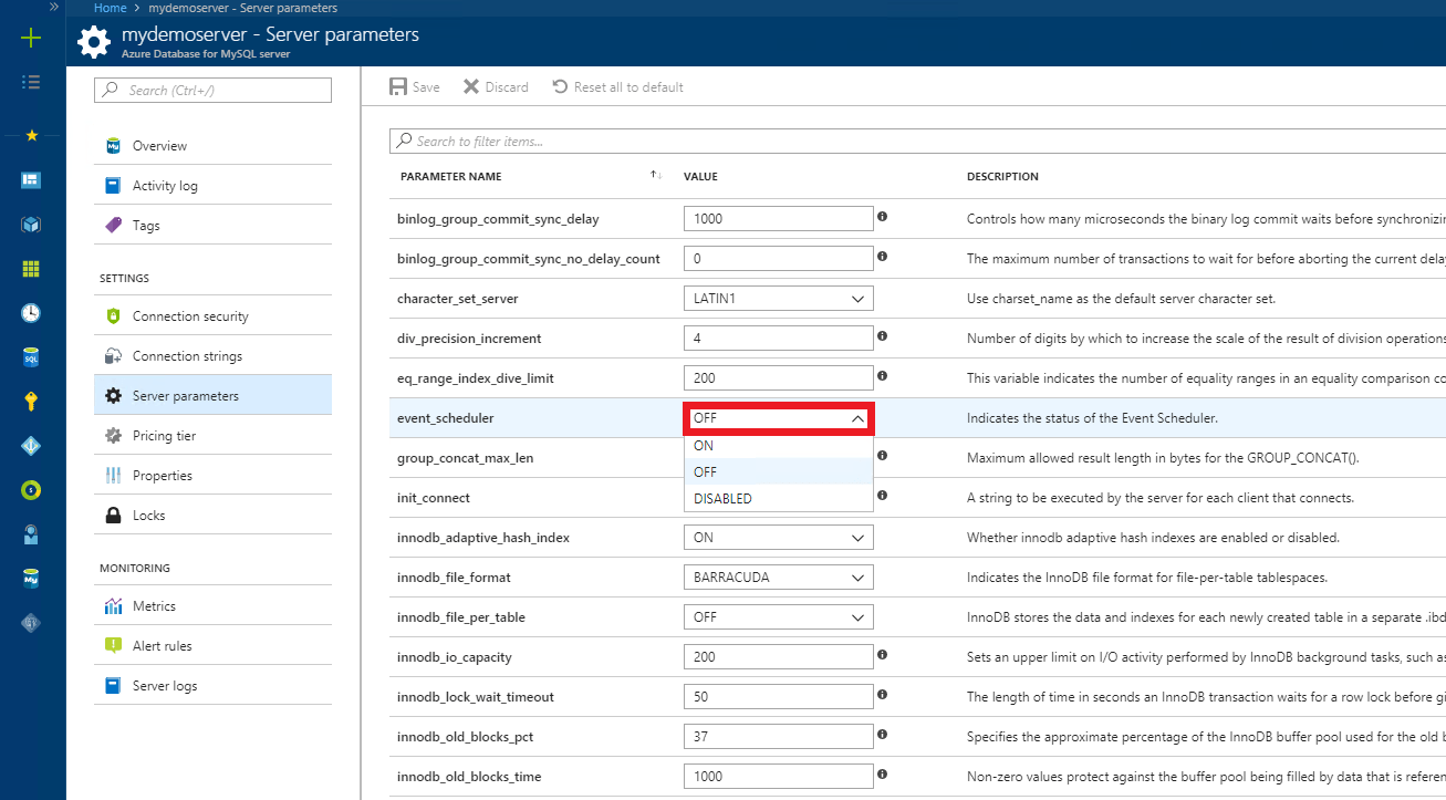 Configure server parameters Azure portal Azure Database for MySQL