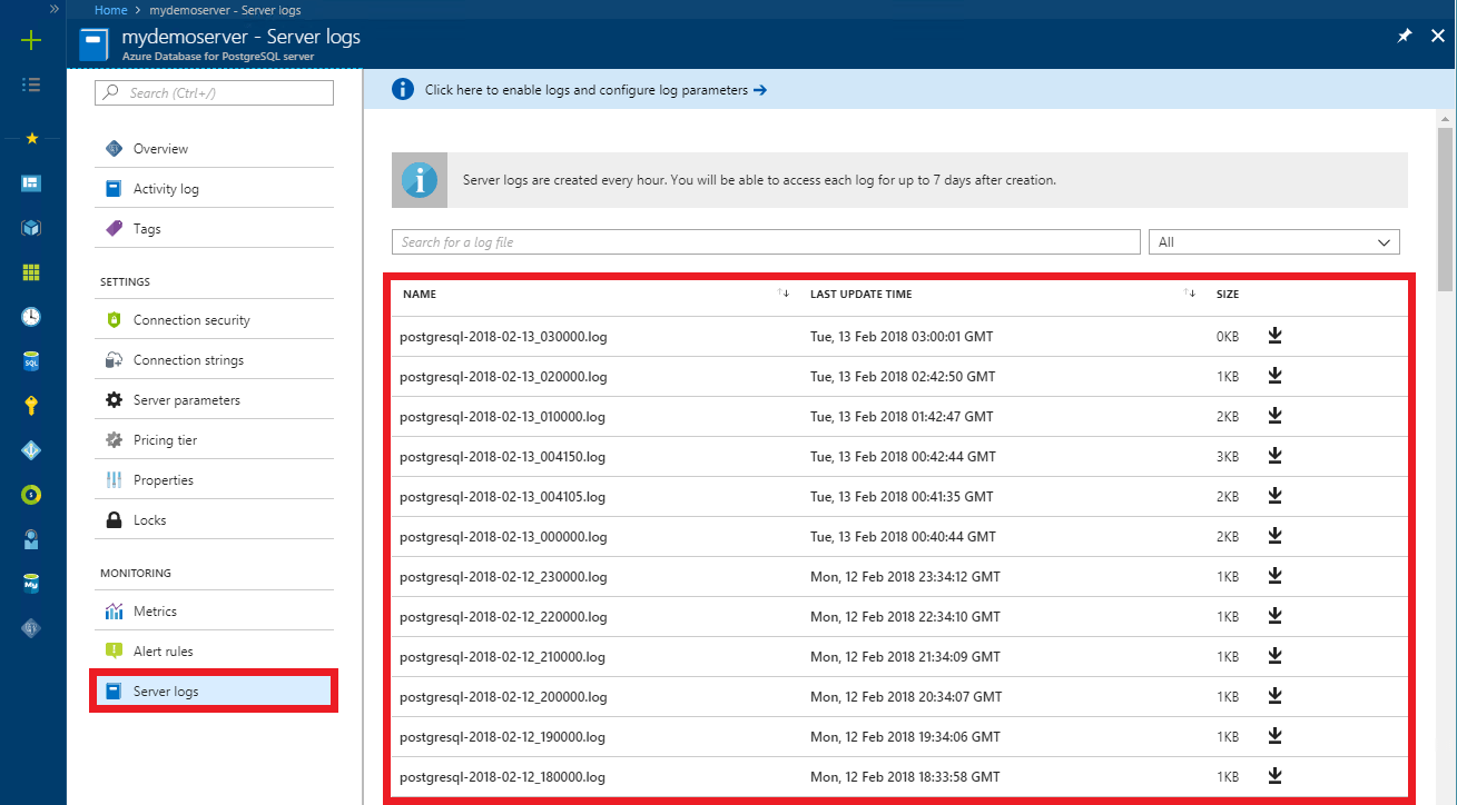 Manage logs Azure portal Azure Database for PostgreSQL Single