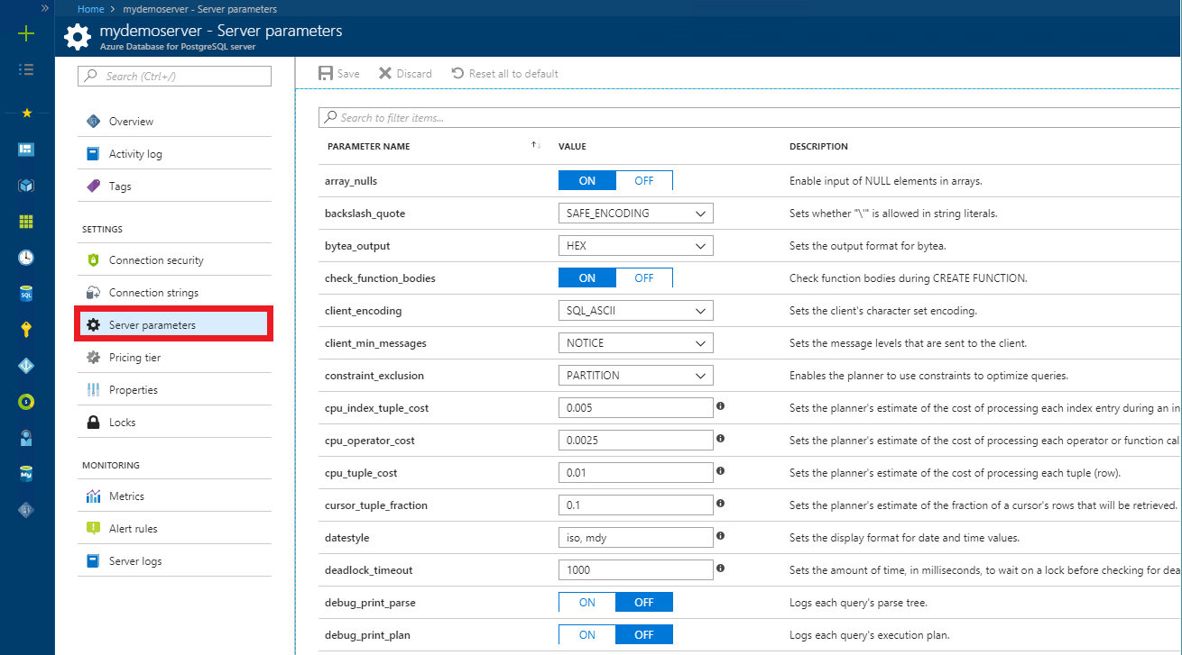Configure server parameters Azure portal Azure Database for