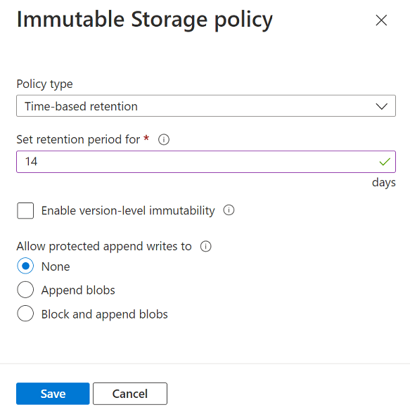 Configure immutability policies for containers Azure Storage