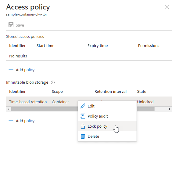 Configure immutability policies for containers Azure Storage
