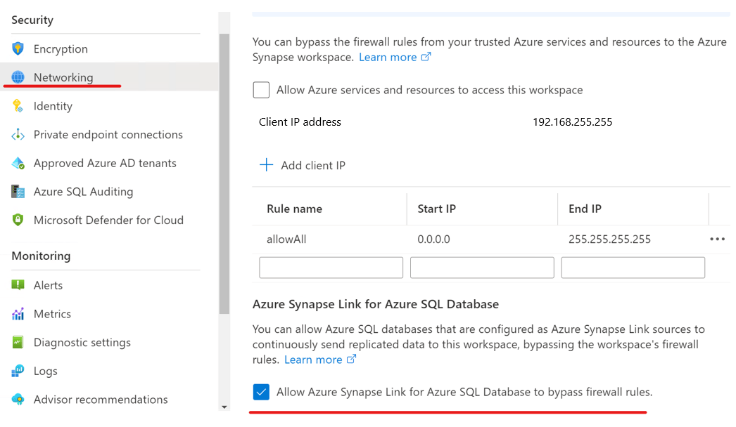 Configure Azure Synapse Link for Azure SQL Database with network