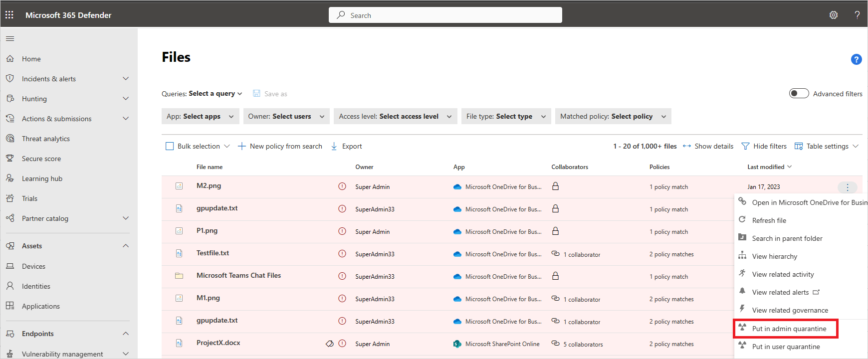 Protect files with admin quarantine Microsoft Defender for Cloud Apps