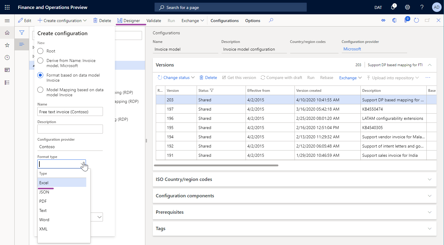Design a configuration for generating documents in Excel format