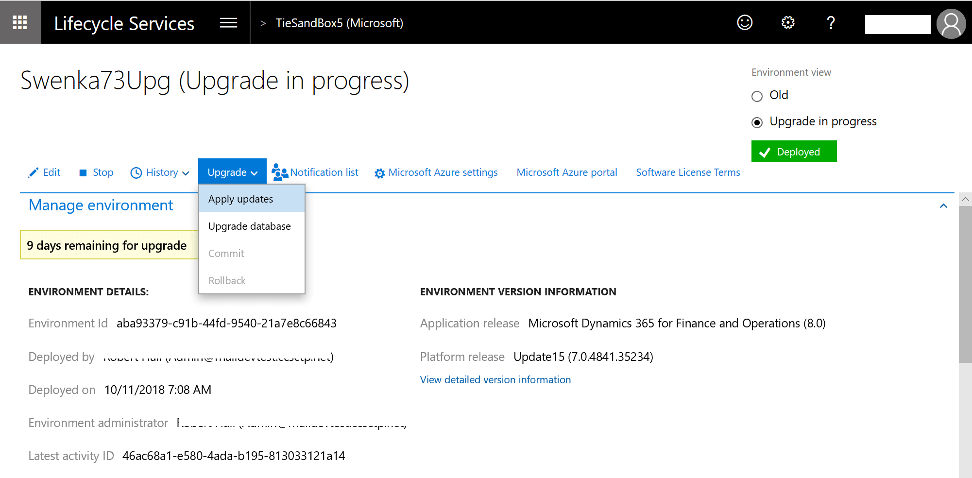 Selfservice upgrade to the latest version Finance & Operations