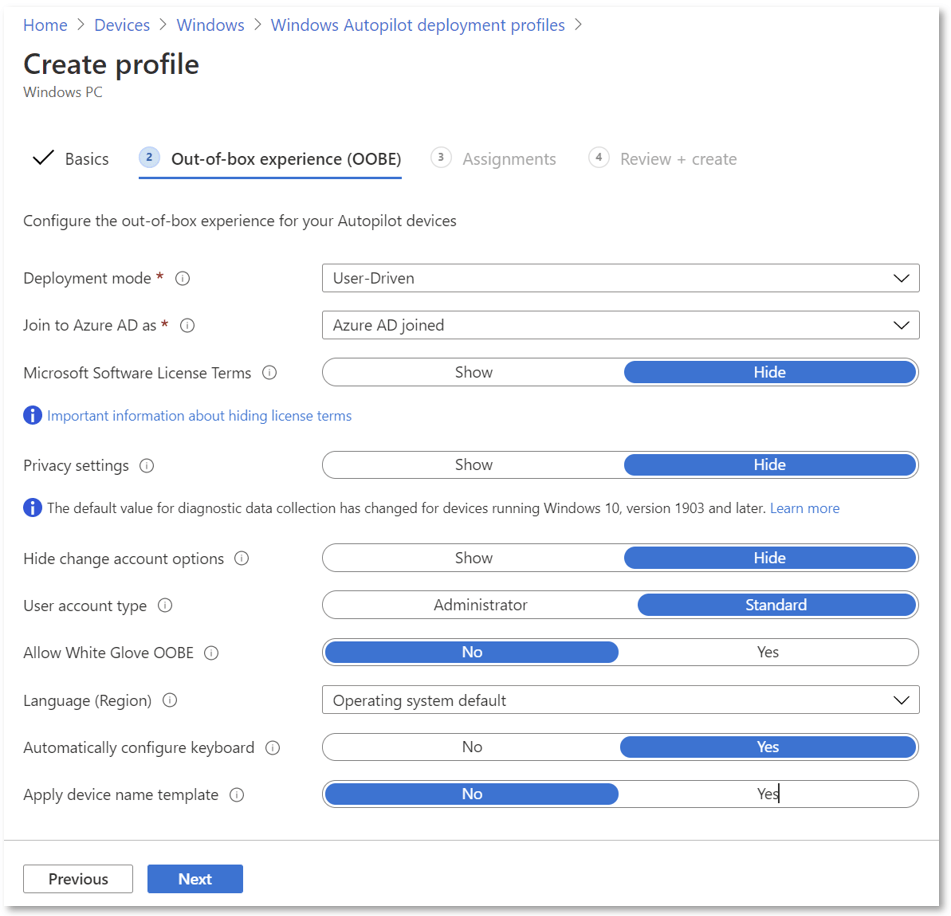 Configure Autopilot profiles Microsoft Learn