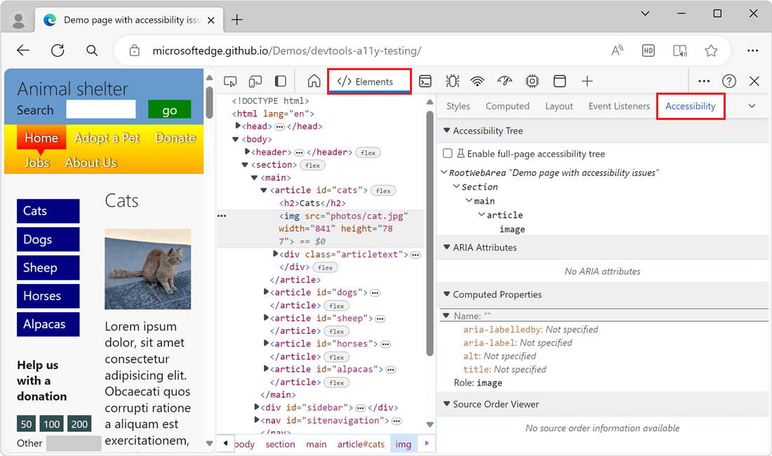 Test accessibility using the Accessibility tab Microsoft Edge