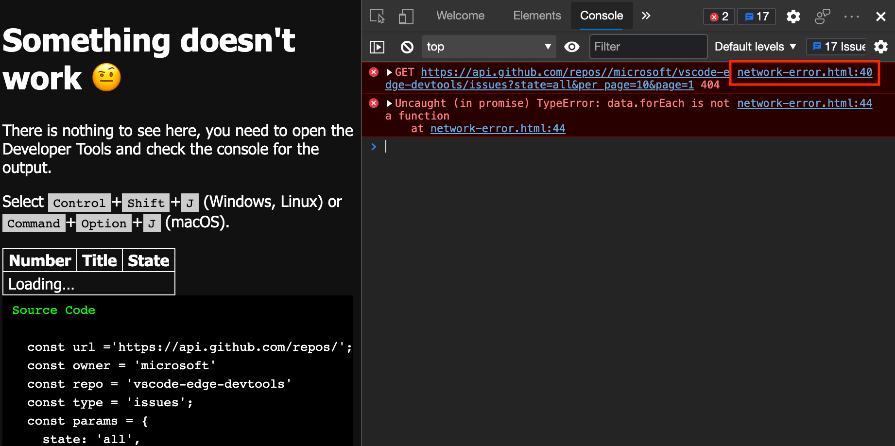 Fix JavaScript errors that are reported in the Console Microsoft Edge