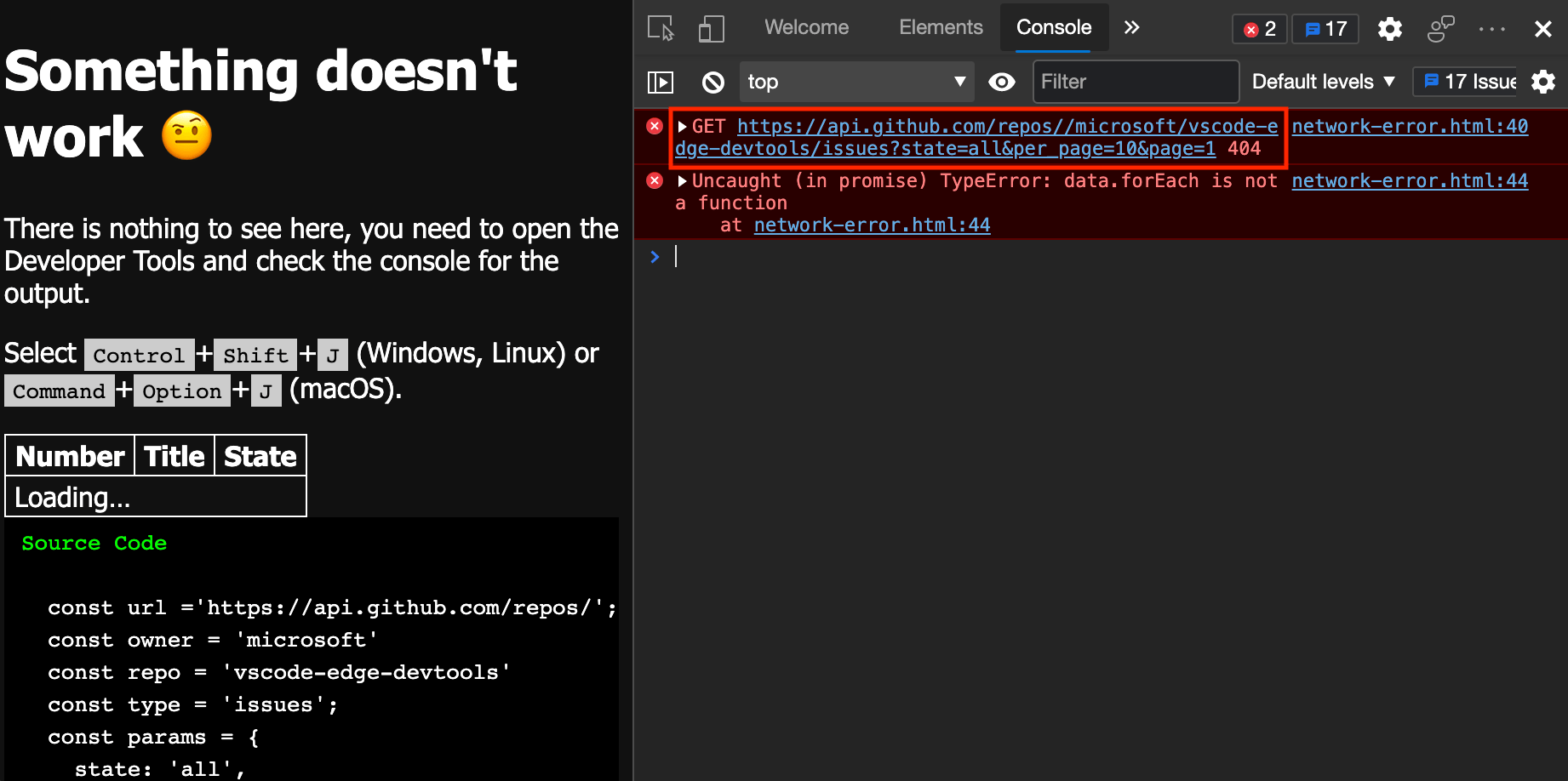 Fix JavaScript errors that are reported in the Console Microsoft Edge