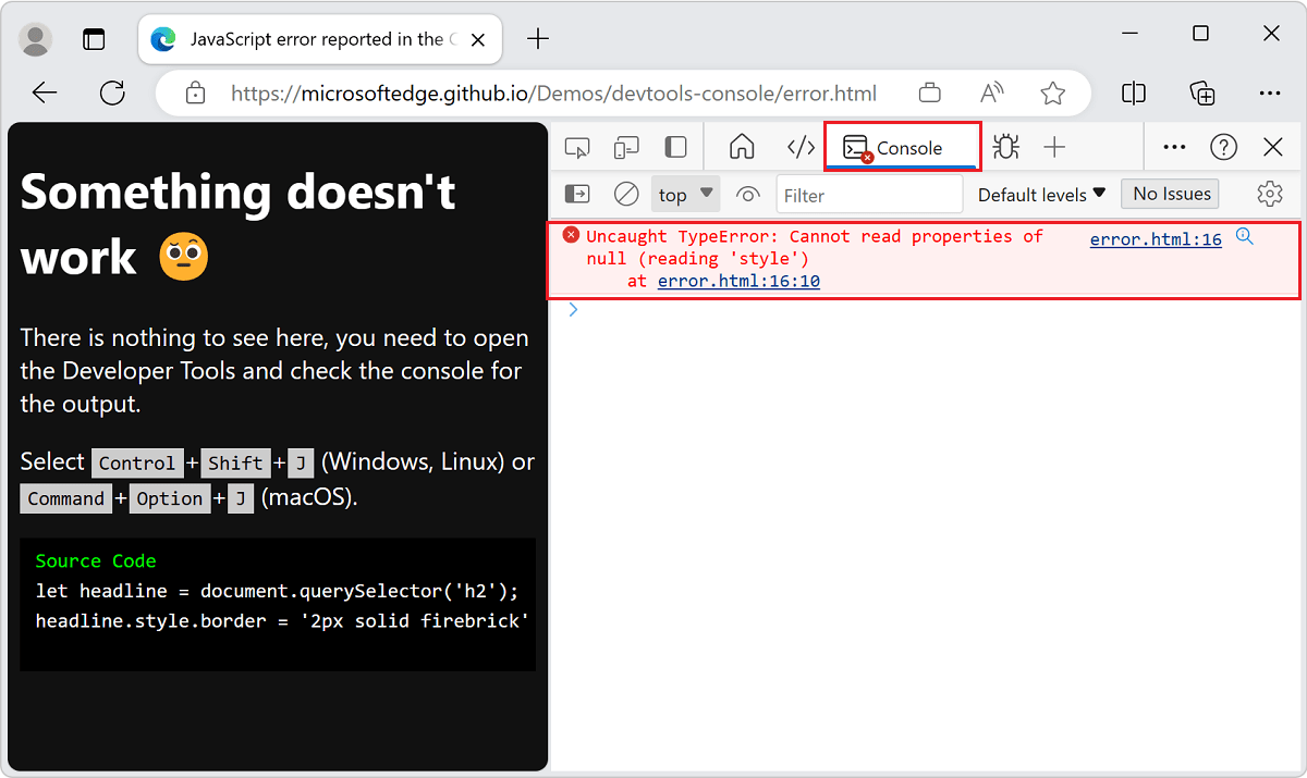 Fix JavaScript errors that are reported in the Console Microsoft Edge