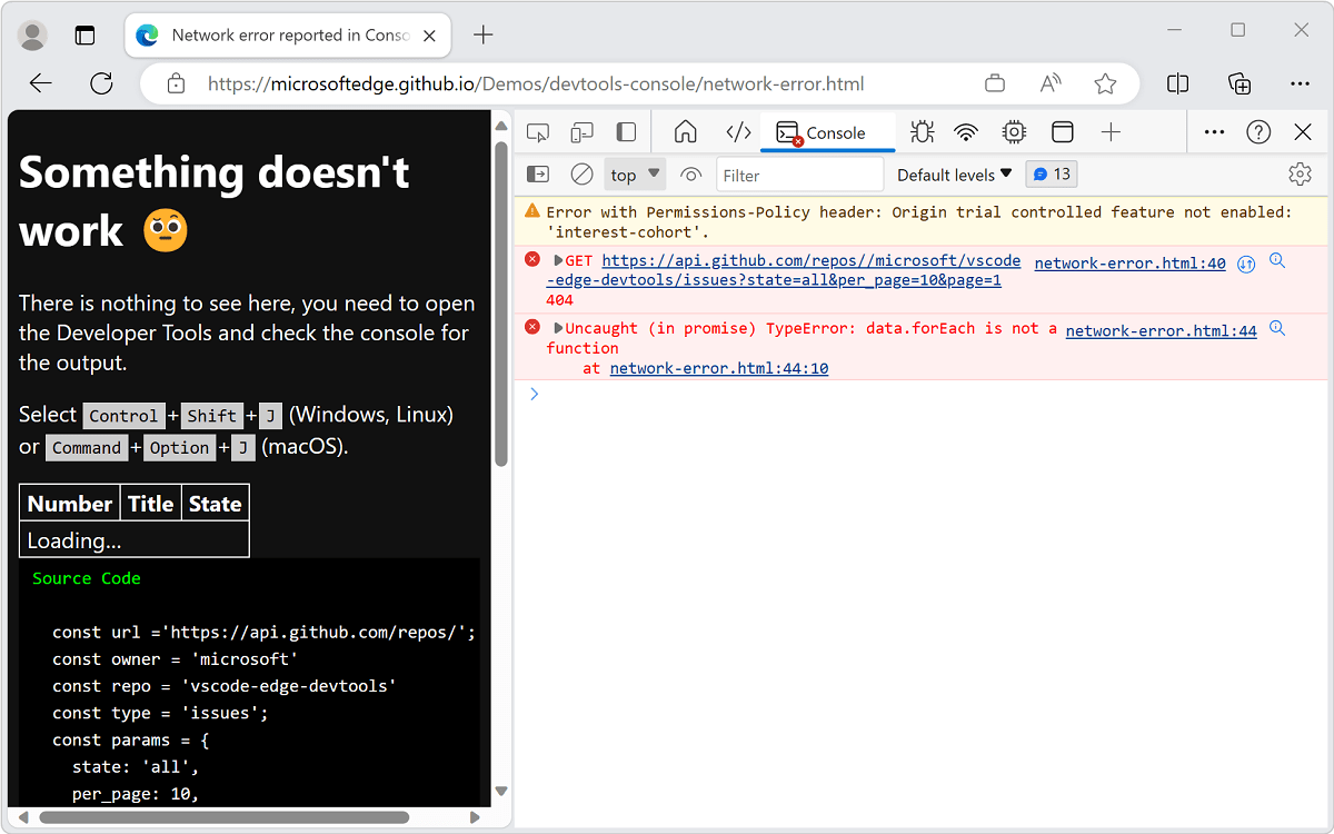 Fix JavaScript errors that are reported in the Console Microsoft Edge