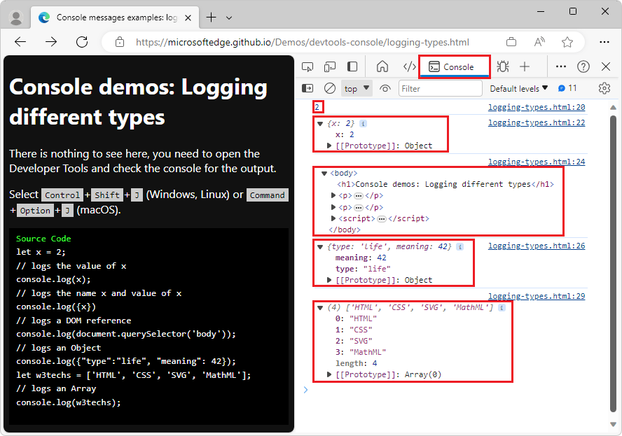 Log messages in the Console tool Microsoft Edge Developer