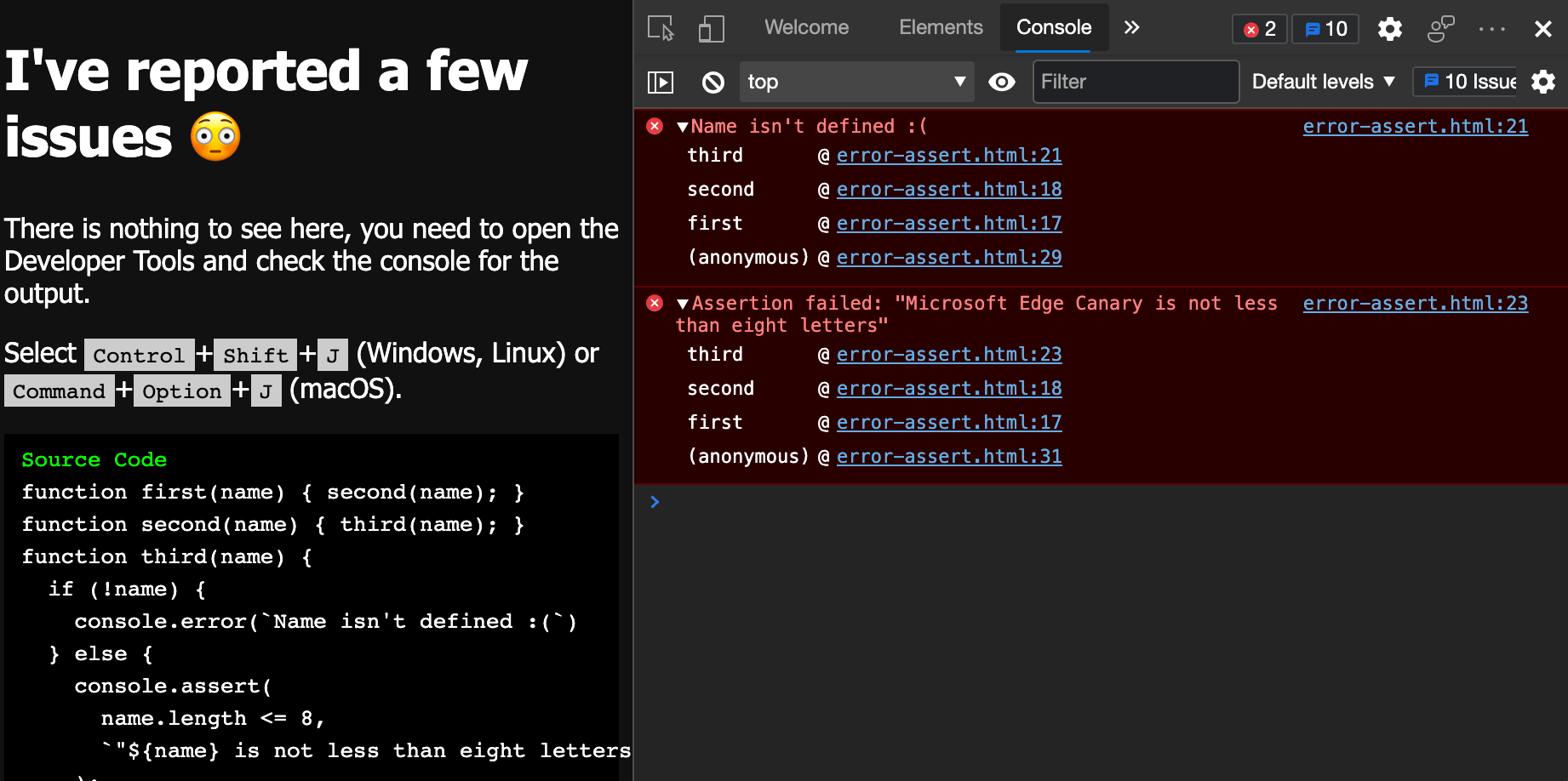 Fix JavaScript errors that are reported in the Console Microsoft Edge