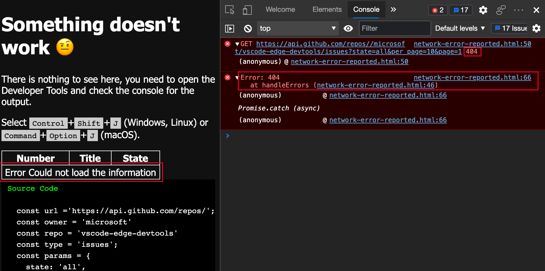 Fix JavaScript errors that are reported in the Console Microsoft Edge