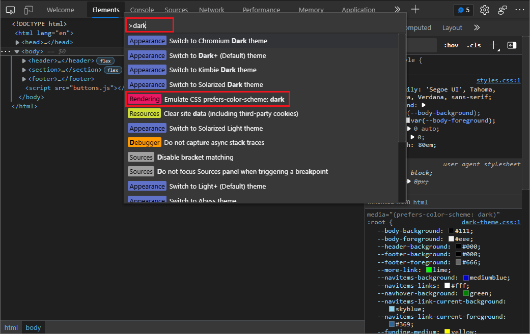 Emulate dark or light schemes in the rendered page Microsoft Edge